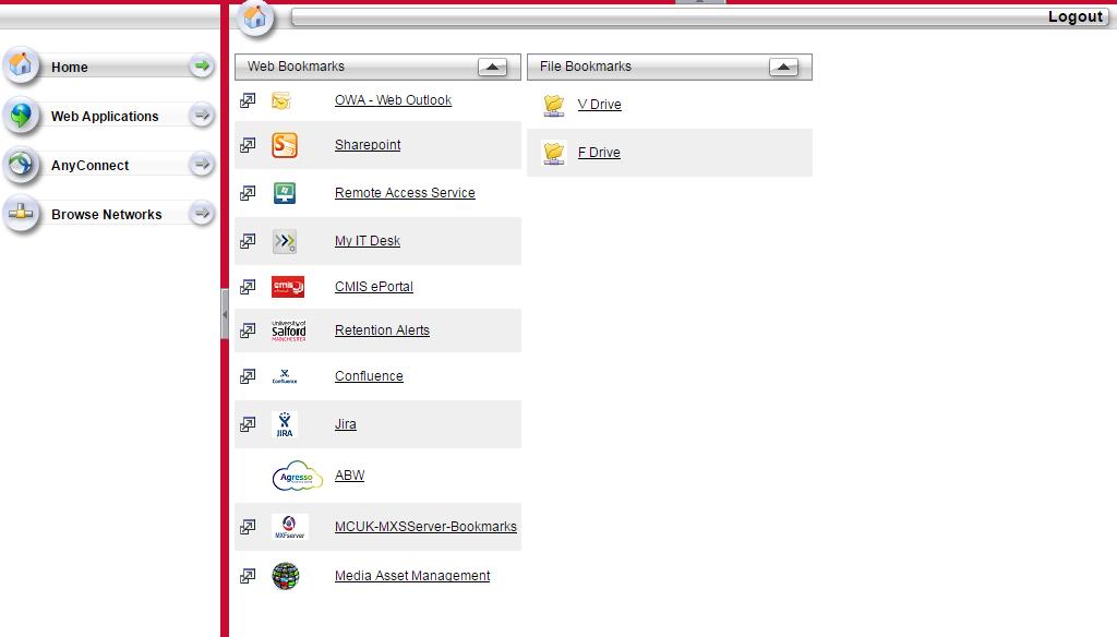 The home page will take you to your applications, web links, home drive and shared drive: You can logout