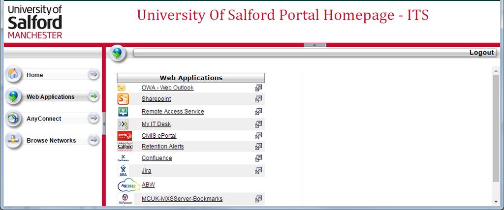 Web applications The Web Applications page will list the applications you can access via the Portal.
