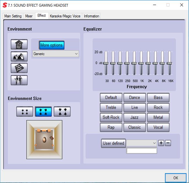 Effect Tab Take mental note of all the default setting on the Effect Tab 1. From Environment Control box a. Select the Bathroom sound effect button to simulate the bathroom sound environment b.