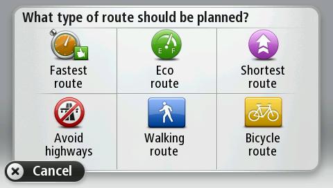 Selecting a route type Every time you plan a route, you can choose to be asked about the type of route you want to plan. To do this, tap Settings and then tap Ask me every time I plan.