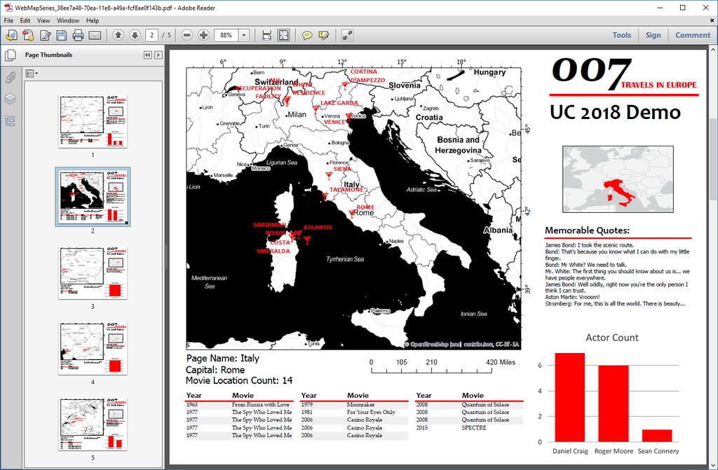 Advanced web map printing with arcpy.mp - James Bond Demo Map Series (arcpy.mp.mapseries class new at 2.