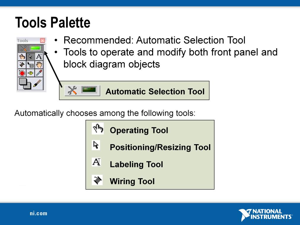 If automatic tool selection is enabled and you move the cursor over objects on the front panel or block diagram, LabVIEW automatically selects the corresponding tool from the Tools palette.