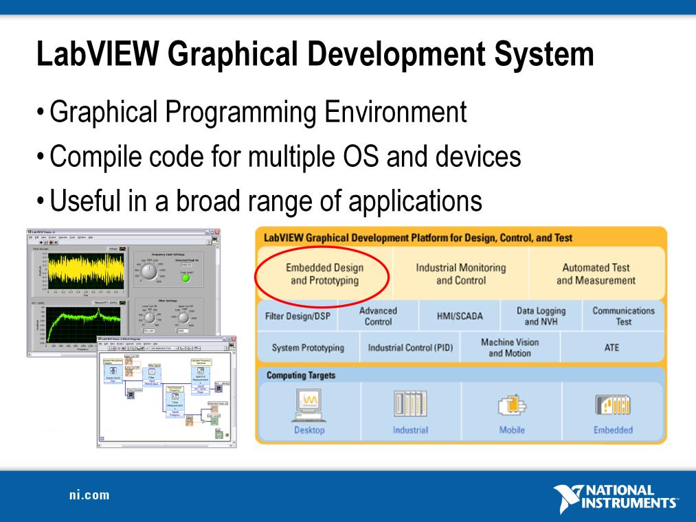 National Instruments LabVIEW is an industry-leading software tool for designing test, measurement, and control systems.