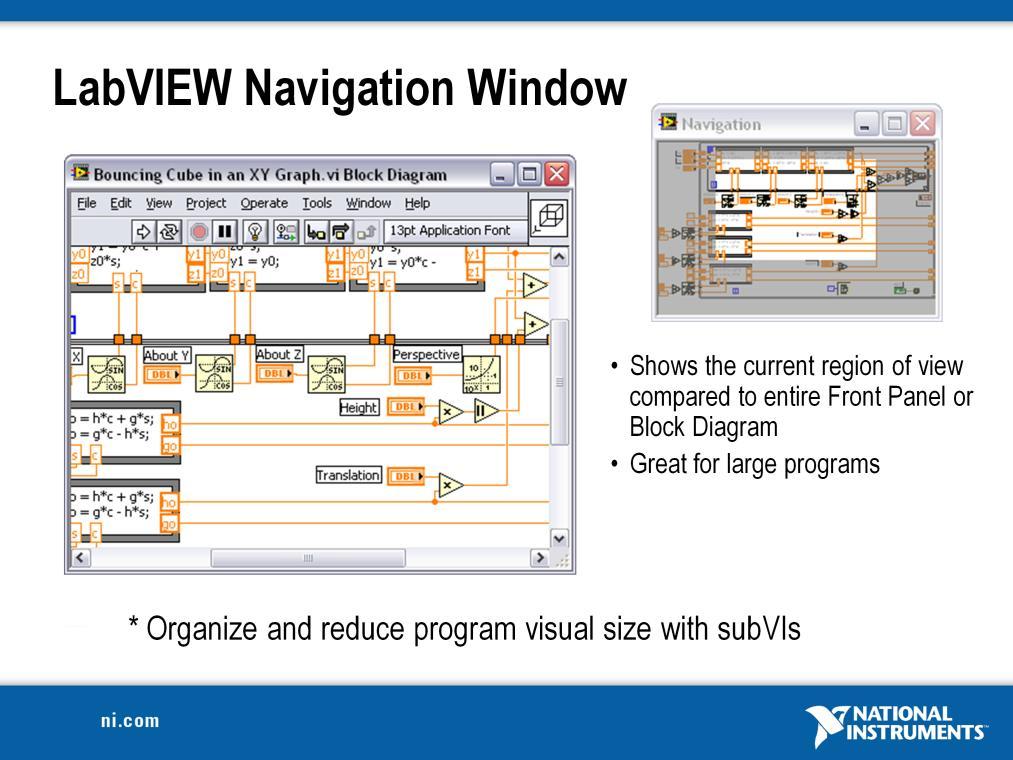 Select View»Show Navigation Window to display this window. Use the window to navigate large front panels or block diagrams.