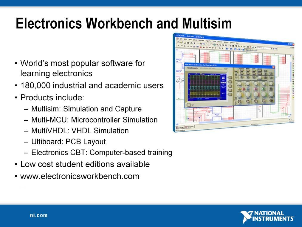 Electronics Workbench products are the most widely used electronics software in electrical engineering and electronics technology departments around the globe.