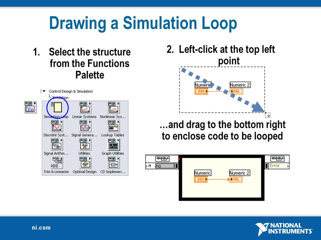 Place simulation loops in your diagram by selecting them from the Simulation Palette in the Functions palette: When selected, the mouse cursor becomes a special pointer that you use to enclose the