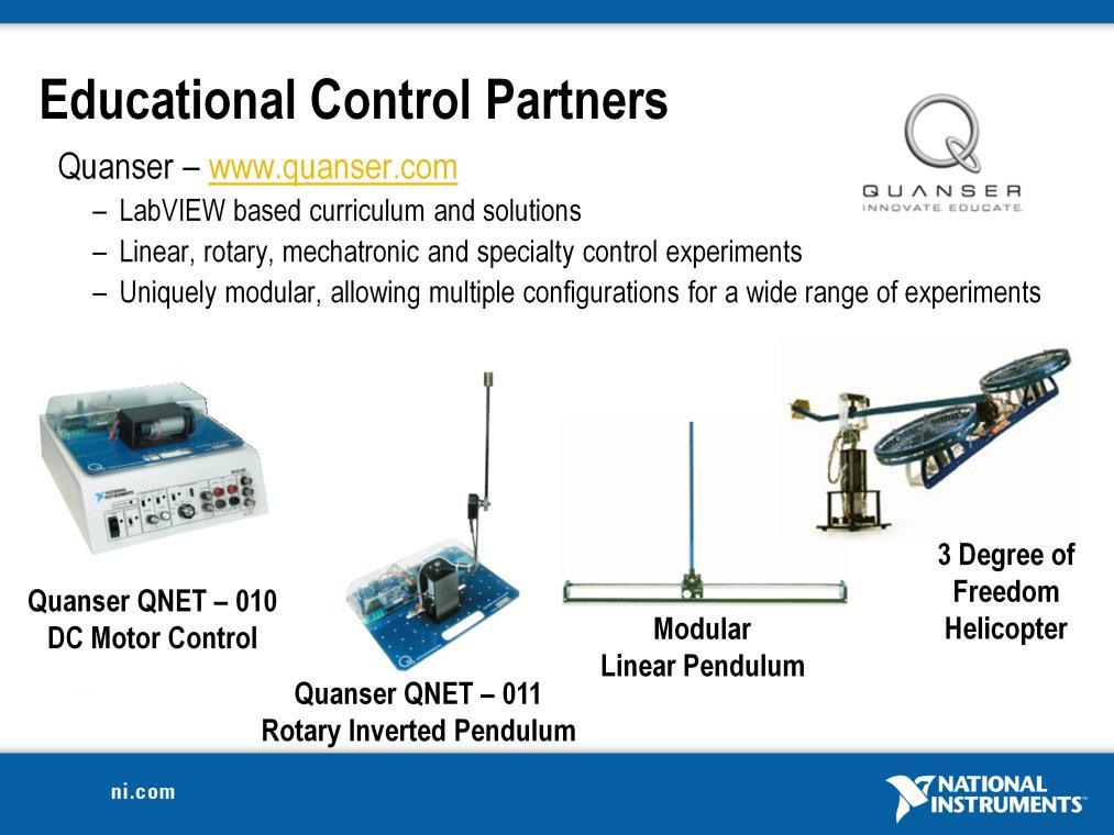 Quanser Control Challenges Implement and evaluate feedback strategies such as PID, LQC, adaptive or nonlinear controllers with Quanser s linear, rotary, specialty, mechatronics and custom control
