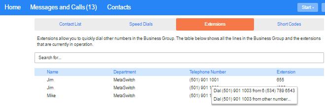 Contacts Extensions tab To use Click To Dial to call any of these extensions, follow these steps: