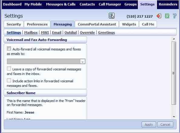 17.5 Messaging The Messaging tab lets you change the operation of your Voice and Fax messaging service, and has a series of sections: Settings lets you configure some general Messaging settings.
