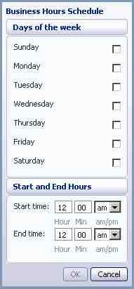 Define your business s hours of operation, by selecting the days you operate, and the times you operate between. Then click on OK. Click on Save Settings.