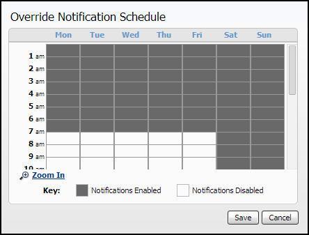 4. Click the days and times you want notifications disabled. Notifications are disabled during time frames displayed in white on your schedule.