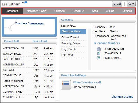 Using the ENA SmartVoice End User Portal Once you have logged in, you will see the Dashboard. This gives you a quick at-a-glance summary of your messages, missed calls, contacts and phone settings.