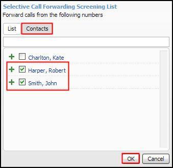 Numbers from Your Contact List o From the Selective Call Forwarding Screening List box, select Contacts.
