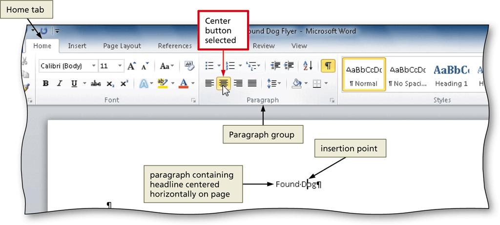 Centering a Paragraph Click somewhere in the paragraph to be centered to position the insertion point in the paragraph to be formatted Click the Center