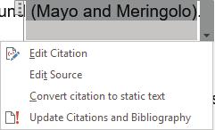 Formatting a Research Paper 171 Figure 9-3 Citation placeholder and menu Take Note 2. Select Edit Source from the menu.