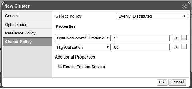Chapter 3 This figure shows the Cluster Policy section: After defining the cluster parameters, click on OK and return to the data center configuration menu named Guide Me.