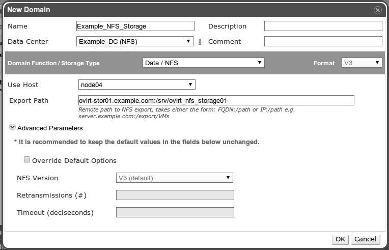 Configuring ovirt The following image shows the New Storage dialog box with the connecting NFS storage: Configuring the iscsi storage This section will explain how to connect the iscsi storage to the
