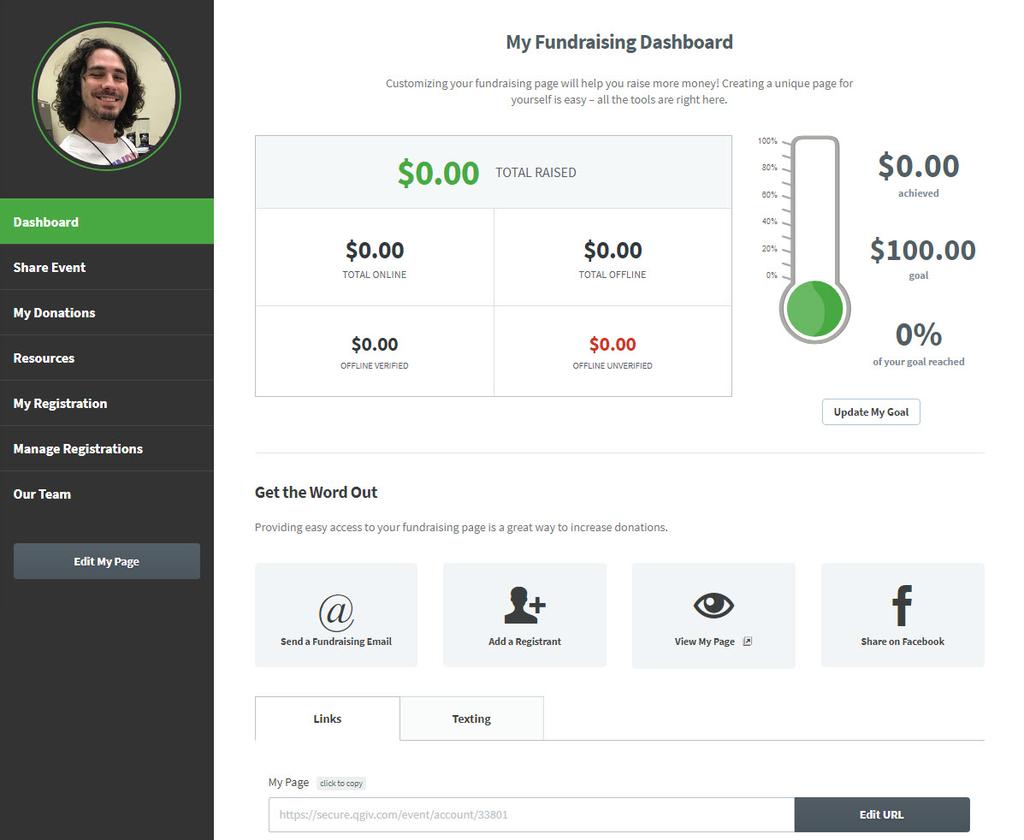 Fundraising Dashboard You may also navigate between the different areas of your fundraising center via your Fundraising Dashboard.