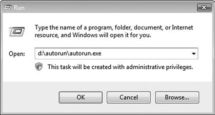 The Run window opens: In the Open field, enter the DVD-ROM drive letter together with \Autorun\Autorun.exe.