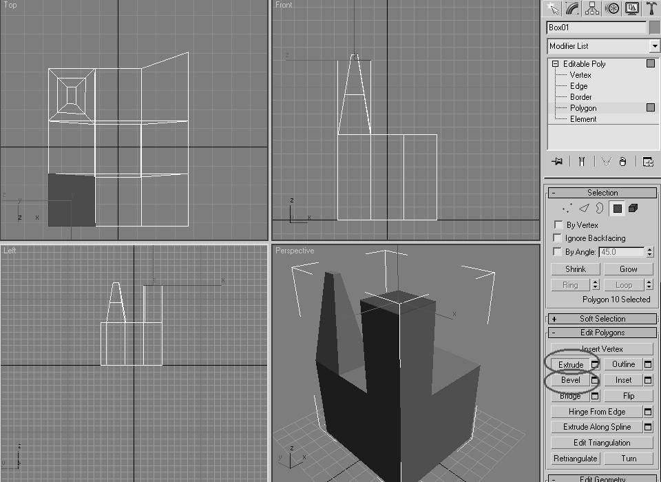 3D Animation Activity 2 Extrude and Bevel To demonstrate how new forms can be created from a simple box, we will do another quick exercise: Click a polygon in the top row in top view Click on the