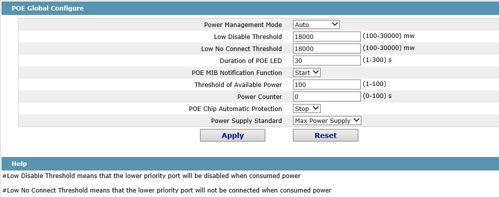 On this page, you can configure the POE power supply management mode, lower priority upgrade preemption threshold,