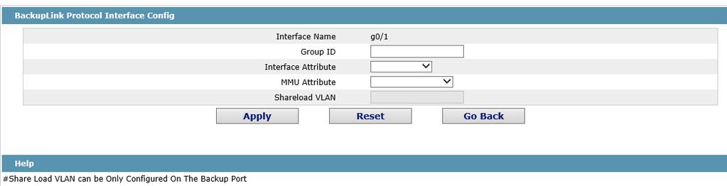 Global Config page appears. This page shows the backup link group s member ports, Interface Attribute, MMU Attribute, Shareload Vlan, etc.