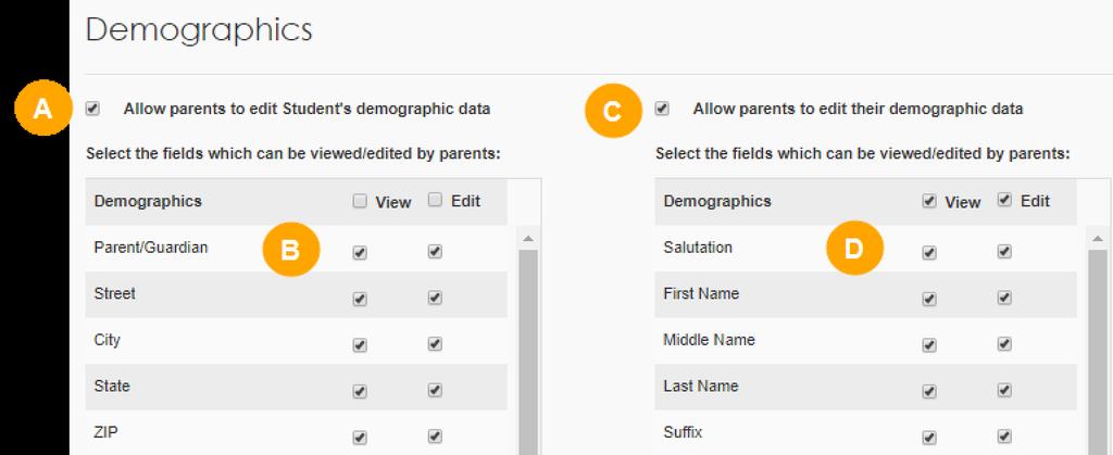6.4 Customize Parents' Demographic Permissions You can allow parents to view and/or edit student demographics from their portal.
