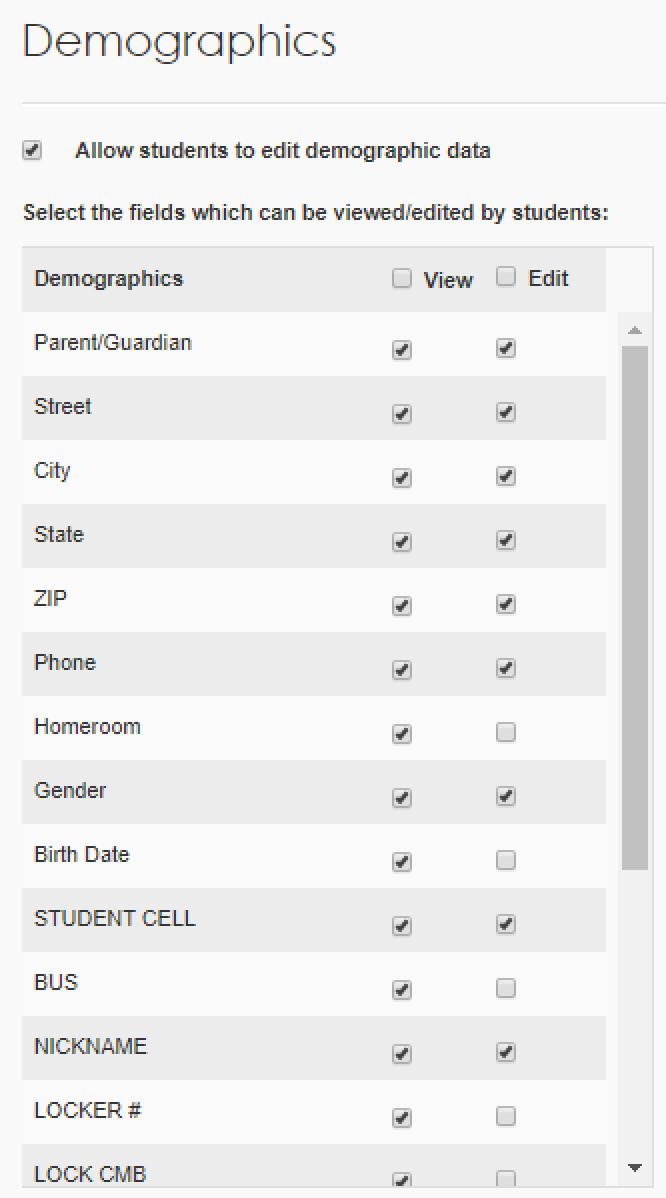 7.4 Customize Students' Demographic Permissions You can enable students to view and/or edit their demographics from their portal.