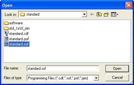 Hello MicroC/OS-II Design 4. Select standard.sof as shown in Figure 1 9. Figure 1 9. Open Dialog Box 5. Click Open. You return to the Quartus II Programmer. 6. Check the Program/Configure option. 7.