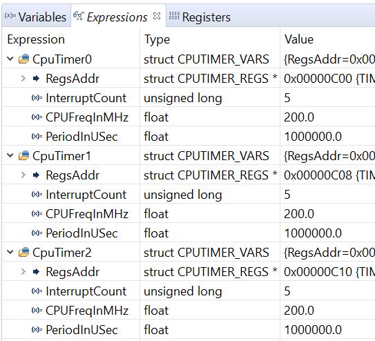 Run cpu_timers example Load and run the cpu_timers.out file on CPU1.