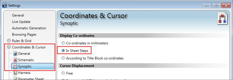 For the Synoptic type, tick the "Display" checkbox. Activate the "Use Sheet Step as unit" radio button. Click the Coordinates & Cursor section.