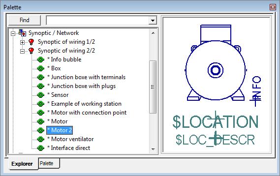 Click the "Synoptic of wiring 2/2" family in the symbol explorer and select "Motor 2". Place the motor on the coordinates [37.00 5.00].