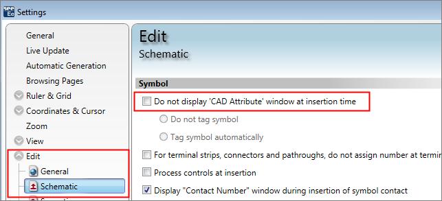 Click the Edit section. For the Schematic type, check if the "Do not display CAD Attribute window at insertion time" option is unticked.