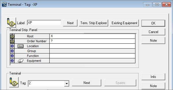 The CAD Attributes window is displayed. Type in the name XP in the "Label" field. Type in 2 in the "Tag" field. or alternatively Click the adjacent button Click OK. The second terminal is inserted.