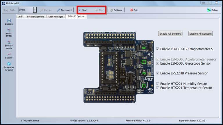 Unicleo-GUI application When the application runs in stand-alone mode and the flash memory is full, the application switches to PC GUI drive mode and LED LD2 switches OFF.