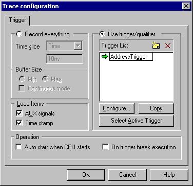 Trace Configuration dialog Simple triggers and/or qualifiers set on a data being accessed or an instruction being executed are described in the following five examples.
