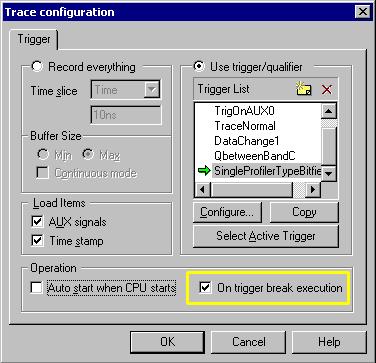 If the program must stop when the trigger condition occurs, check the On trigger break execution option in the Trace Configuration dialog.