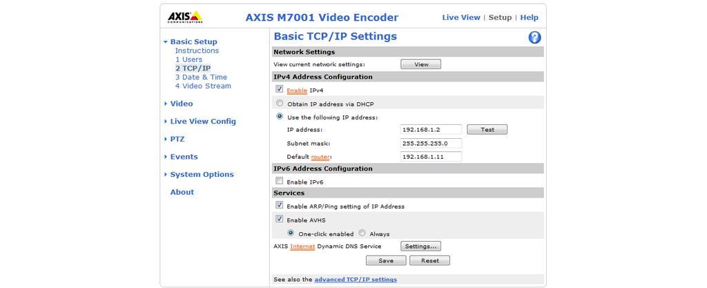 Axis M7001 Network Config Change normal network settings to correspond