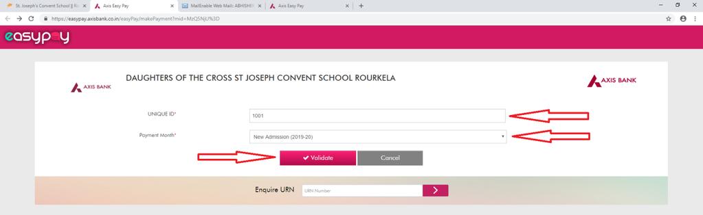 Once you click on validate you will be taken to another page where name of the student, temporary unique id, class & the details of fees will be displayed.