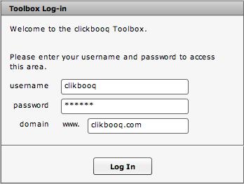 Accessing the toolbox To get started, you ll need to log in to your clickbooq Toolbox. This is where you create and manage your website and images.