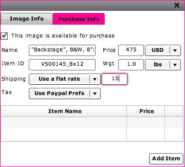 This will launch the Image Info Editor. 2. Click the second tab, Purchase Info. 3. Check the box marked, This image is available for purchase.