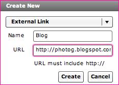 Toolbox window. 2. A pop-up dialog box appears. 3. Choose External Link from the drop down menu. 4. Enter a name for the External Link.