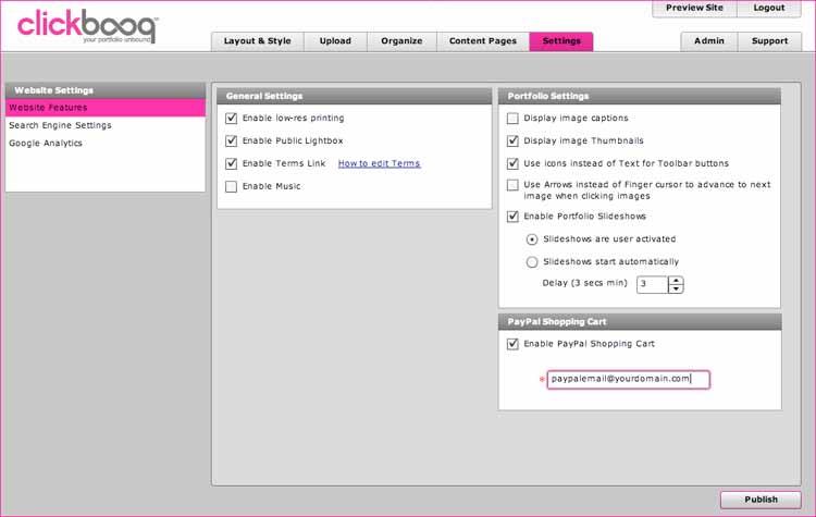 WEBsite FEATURES AND settings In Settings, you can enable or disable certain features of your website as well as create the metadata for search engines.