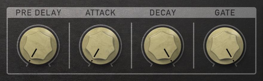 Sets the reverb tail length (2) Attack Sets the attack time of the reverb eﬀect (4) Gate Sets the reverb