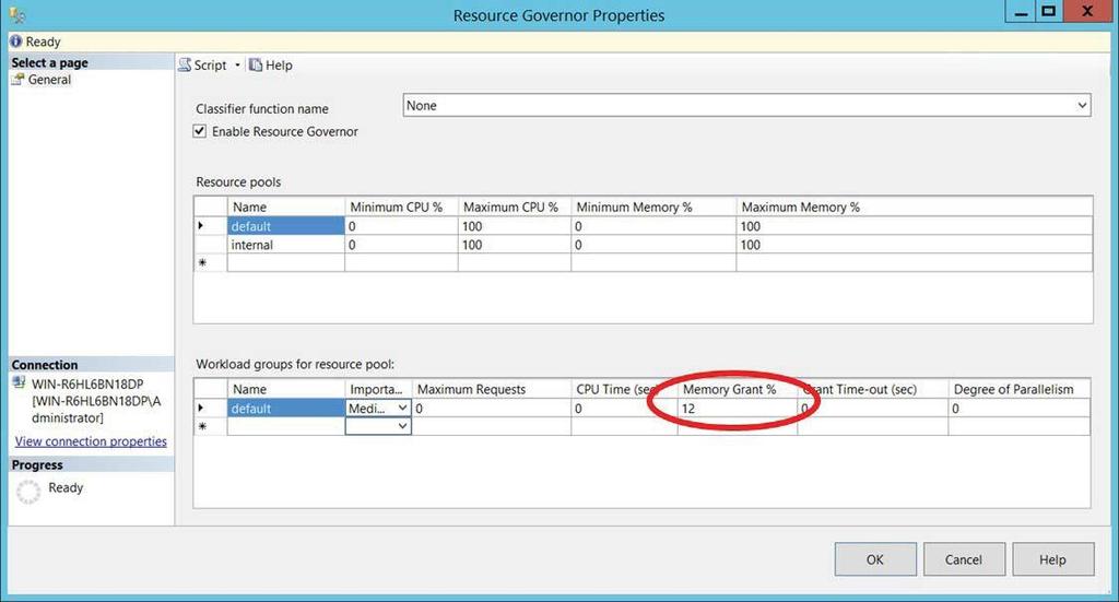 SQl Server Settings Resource Governor The Memory Grant % value was set to 12% of the memory allocated for row store runs and 25% for column store runs.