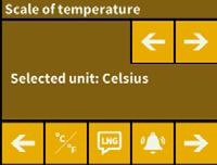 SELECTING THE HEAT MEASUREMENT Temperature can be displayed in Celsius or Fahrenheit. Select Settings on the LCD menu. Navigate to the right with the arrow. Press the ⁰C/⁰F button.