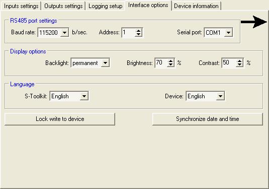 There are two buttons in the lower part of the tab: [Lock write to device] - lock the possibility of writing configuration registries of the device through the RS485 interface; i Unlocking the