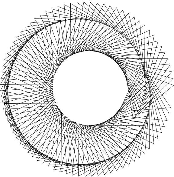 Now we have 90 rotating transparent triangles, but they re all rotating in exactly the same way. It s kind of cool, but not as cool as Antonsen s sketch yet.