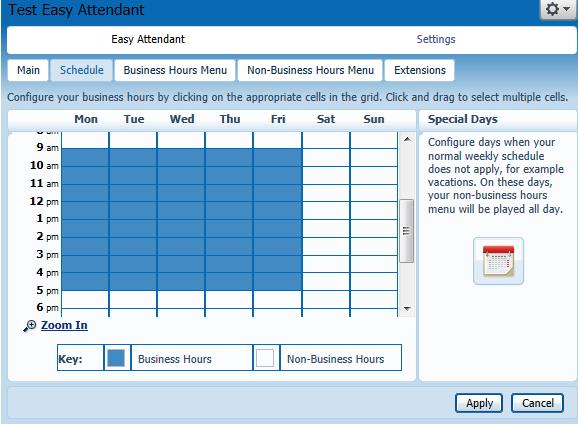 Change Easy Auto Attendant Schedule: Click [Schedule] Click on cells in the grid to configure business hours (in blue) and
