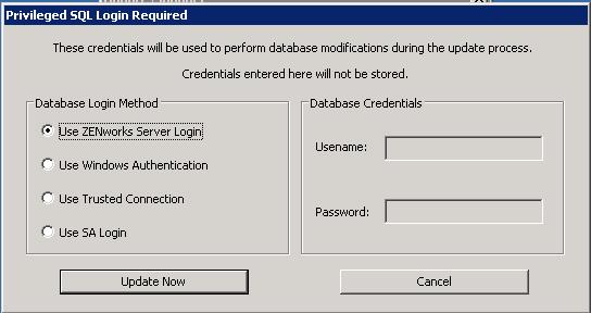 Select the type of database credentials to use for applying updates to the ZENworks Mobile Management SQL Database